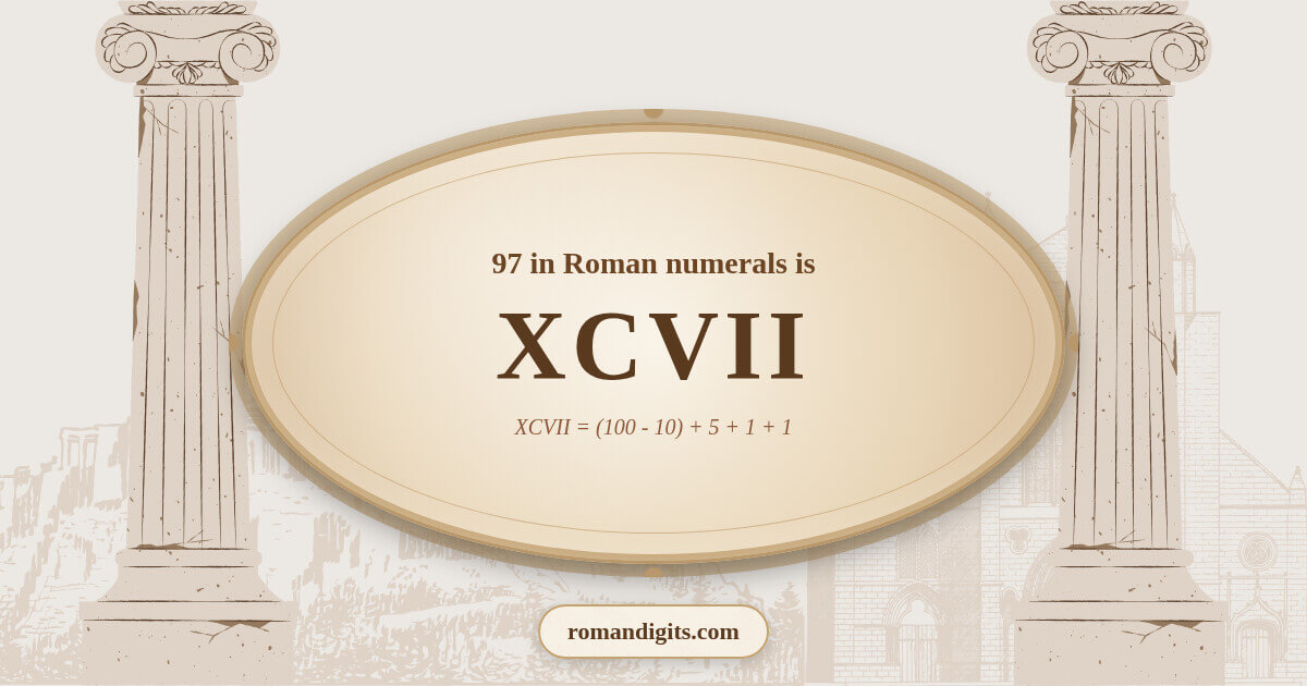 Visualization of the Roman numeral XCVII representing the number 97
